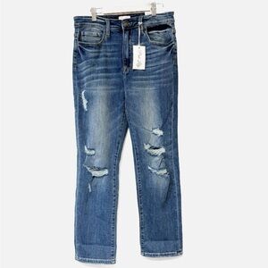 NWT Pink Lily High Rise Straight Leg Jeans Distressed Stretch Med Wash Size 11